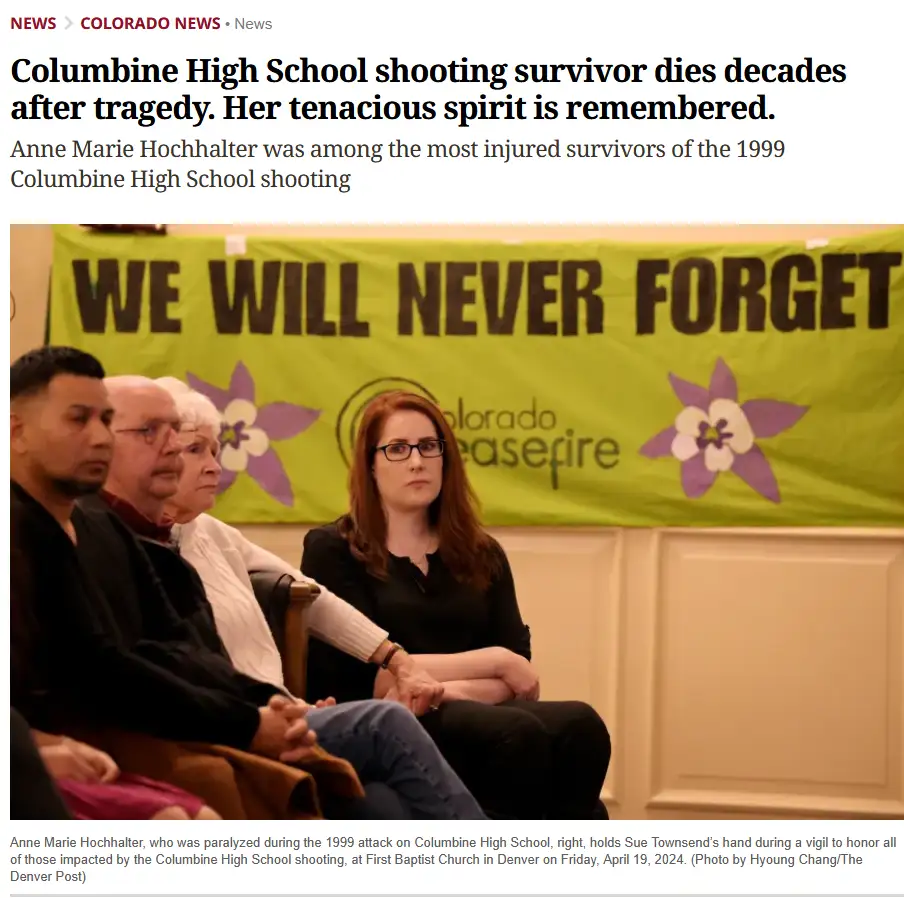 A news photo shows four people sitting in front of a green banner that reads 'WE WILL NEVER FORGET' with 'colorado…