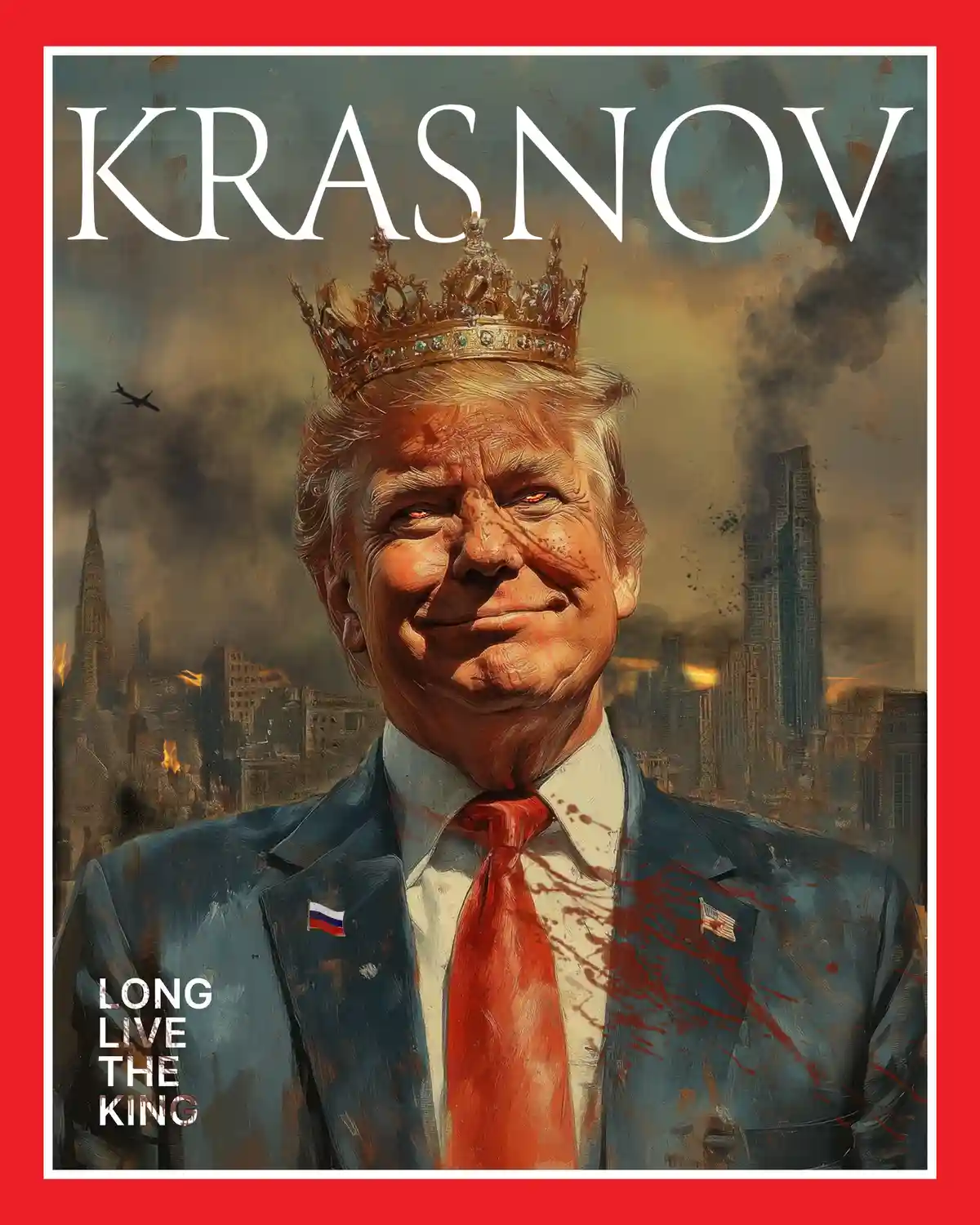 A stylized, painterly image depicts a man resembling Donald Trump wearing a golden crown, a blue suit with a red tie, and…