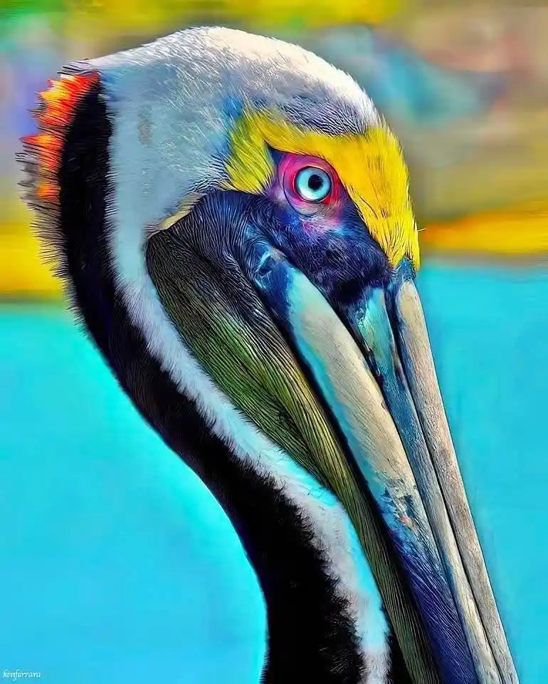A highly saturated, artistic close-up of a pelican's head and neck, showcasing vibrant colors including yellow, blue, black…