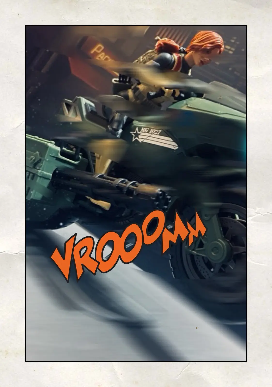 A woman with red hair rides a heavily armed, futuristic green motorcycle at high speed, with motion blur conveying rapid…