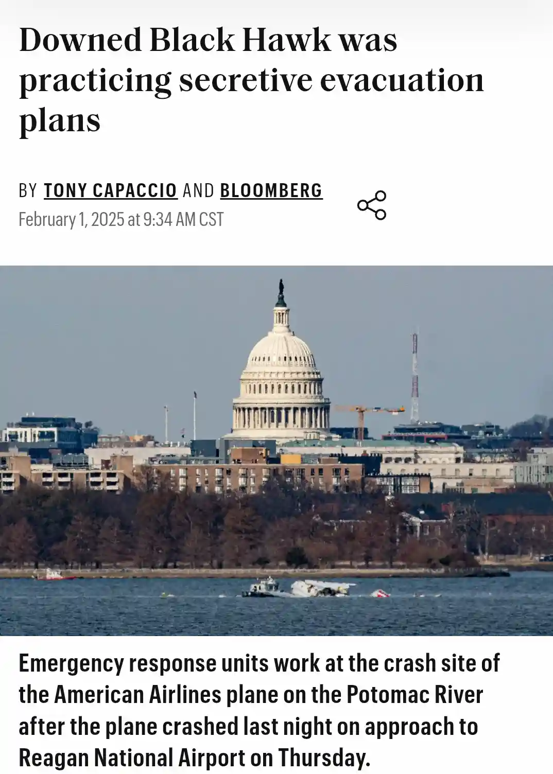A news article screenshot shows the U.S. Capitol building in the background with emergency boats near a crashed plane on the…