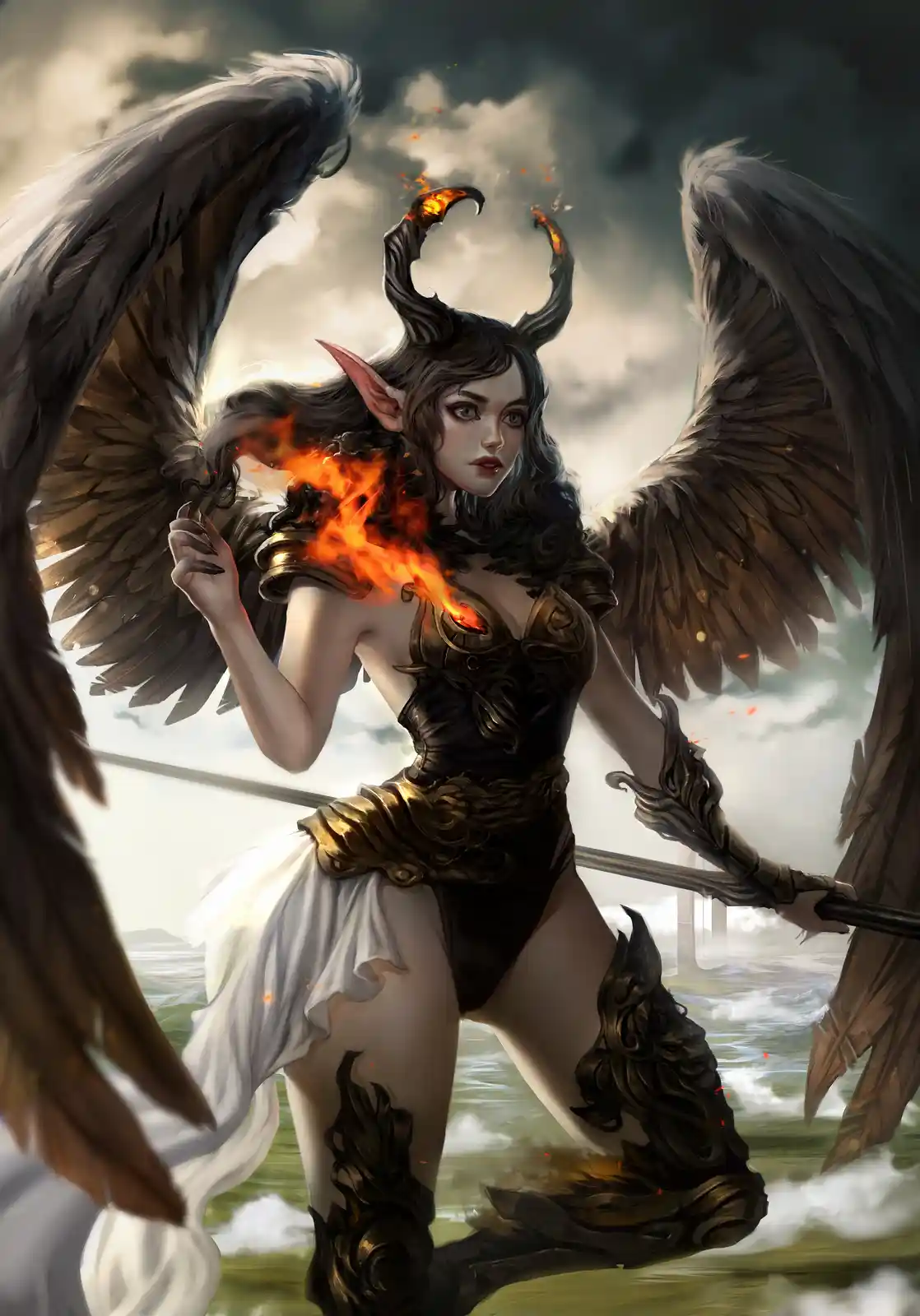 A fantasy illustration depicts a female angelic figure with large, dark grey wings, demonic horns, and pointed ears…