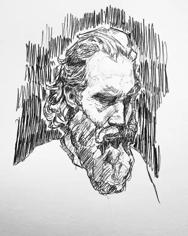 A rough black-and-white sketch depicts a man's head and shoulders, rendered with heavy, chaotic lines that suggest distress…