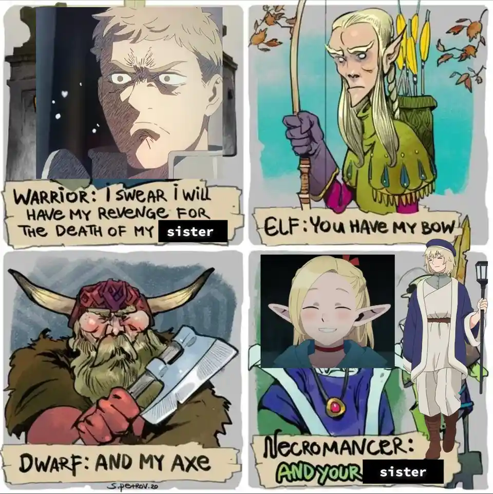 A four-panel comic strip featuring a warrior, an elf, a dwarf, and a necromancer. The warrior vows revenge for his sister's…