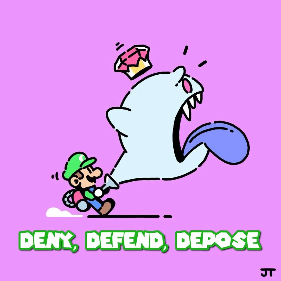 A cartoon Luigi runs away from a large, angry ghost-like creature that is chasing him. The ghost has a pink gem floating…