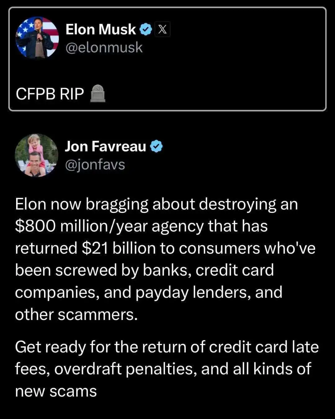 The image displays two tweets. The top tweet from Elon Musk reads 'CFPB RIP' with a tombstone emoji. The bottom tweet from…