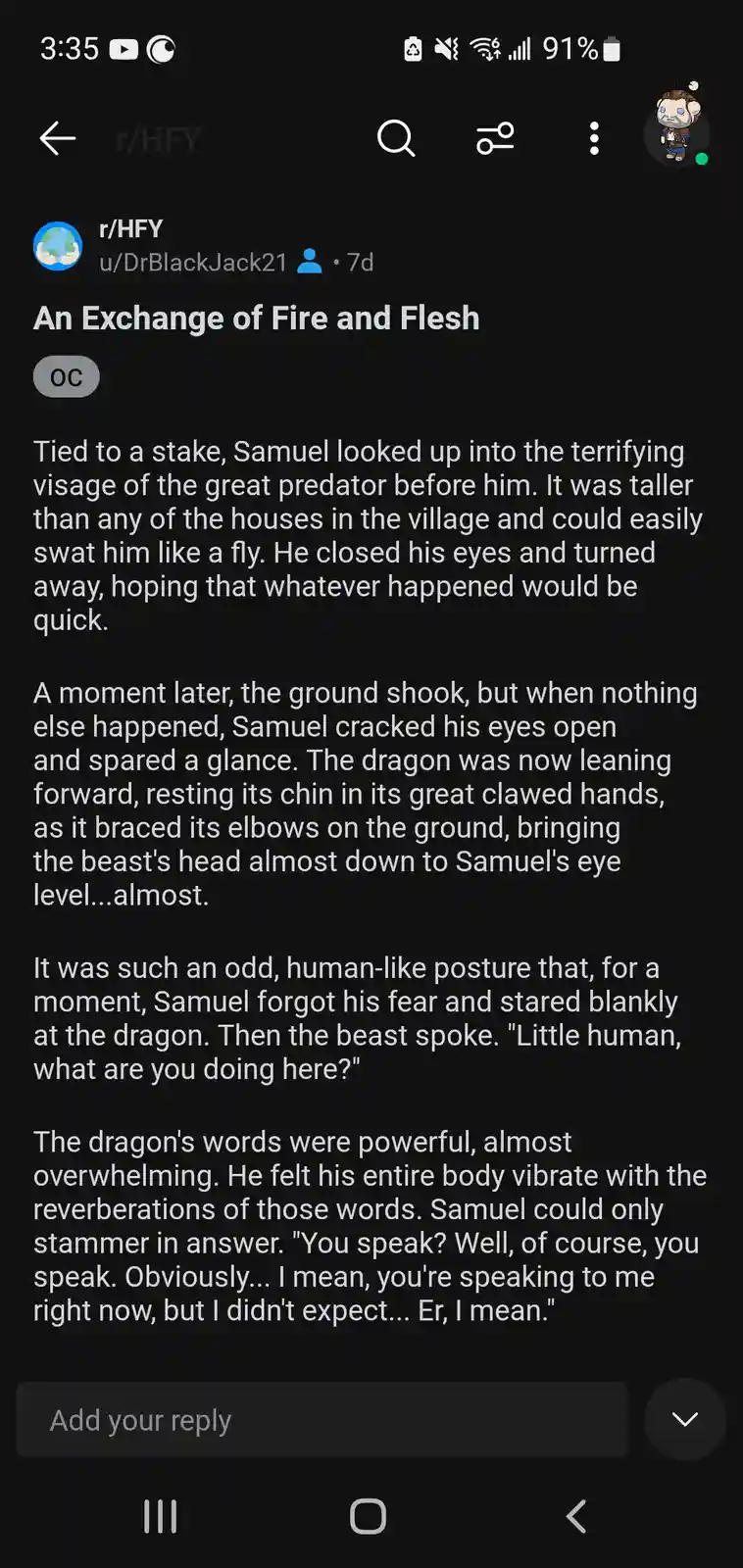 A screenshot of a reddit post from r/HFY titled 'An Exchange of Fire and Flesh' shows a short story where a bound human…