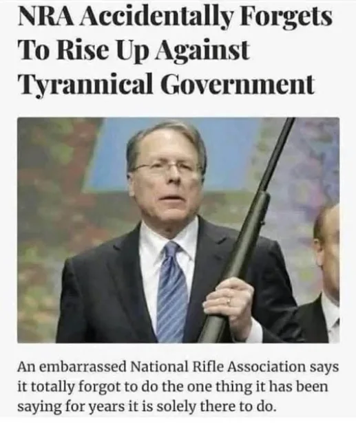 A man in a suit and tie holding a rifle is shown in a photo with overlaid text. The headline reads 'NRA Accidentally Forgets…