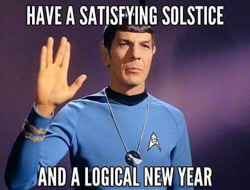 A still image of Spock from Star Trek, wearing his blue uniform and raising his hand in a Vulcan salute. White text overlaid…