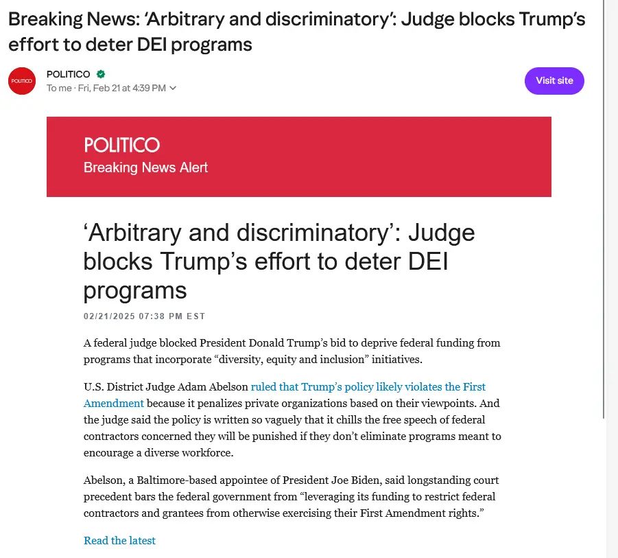 A screenshot of a Politico news article with a red banner and headline stating a federal judge blocked Trump's effort to…