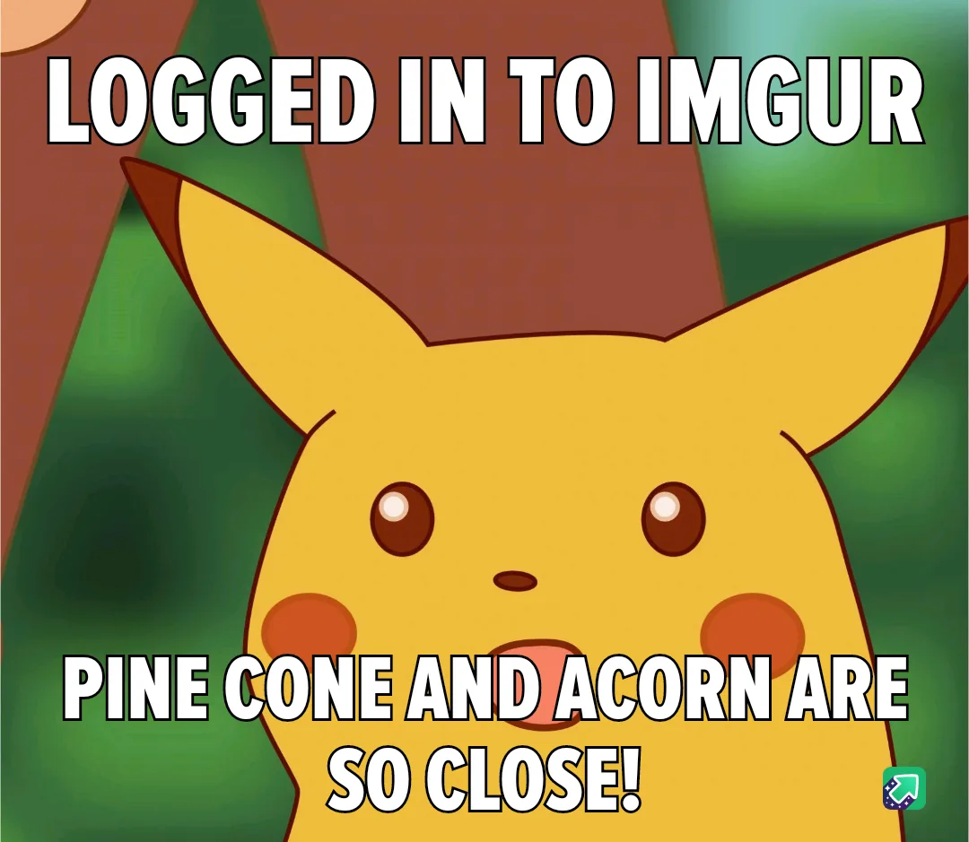 A surprised Pikachu with wide eyes and an open mouth is shown against a blurred green and brown background. The text at the…
