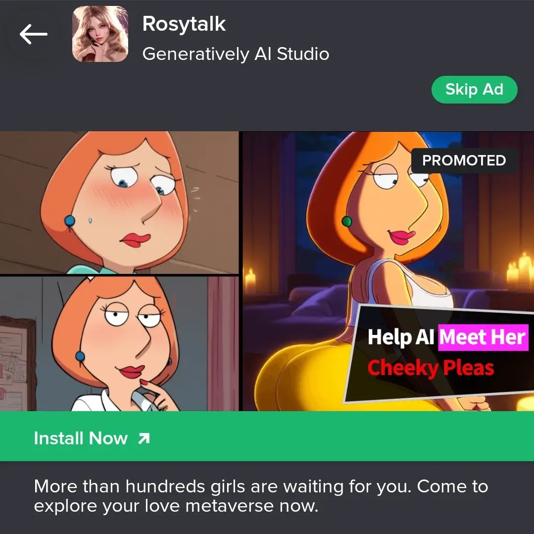 An advertisement for 'Rosytalk' by Generatively AI Studio shows a split screen: on the left, two panels of Lois Griffin from…
