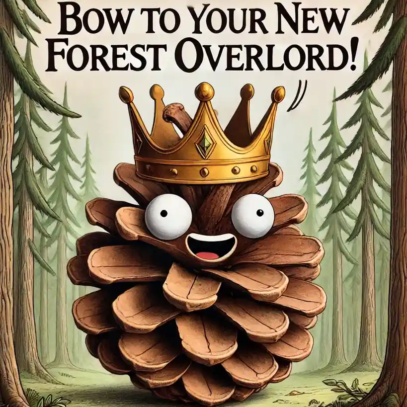 A cartoon pinecone with large googly eyes and a wide grin wears a golden crown with a green gem, standing in a forest. The…