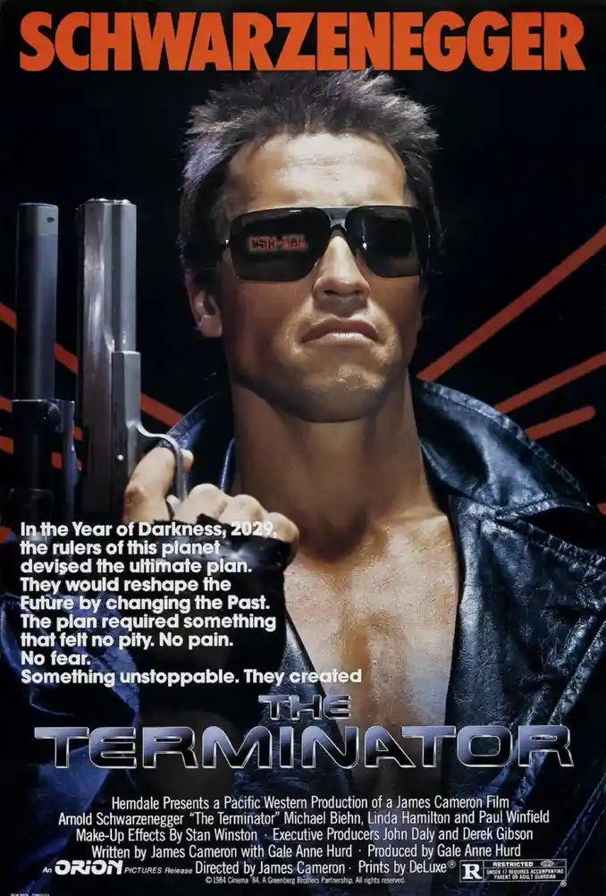 This is a movie poster for 'The Terminator' featuring Arnold Schwarzenegger in a black leather jacket, holding a large gun…