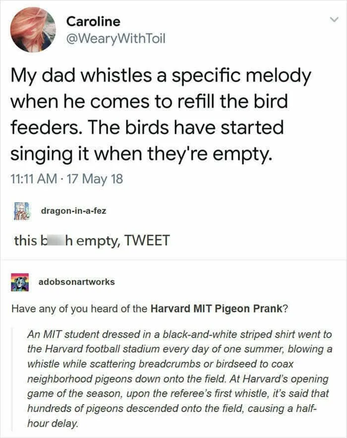 A screenshot of a Twitter thread showing a tweet from Caroline (@WearyWithToil) about her dad whistling a specific melody to…