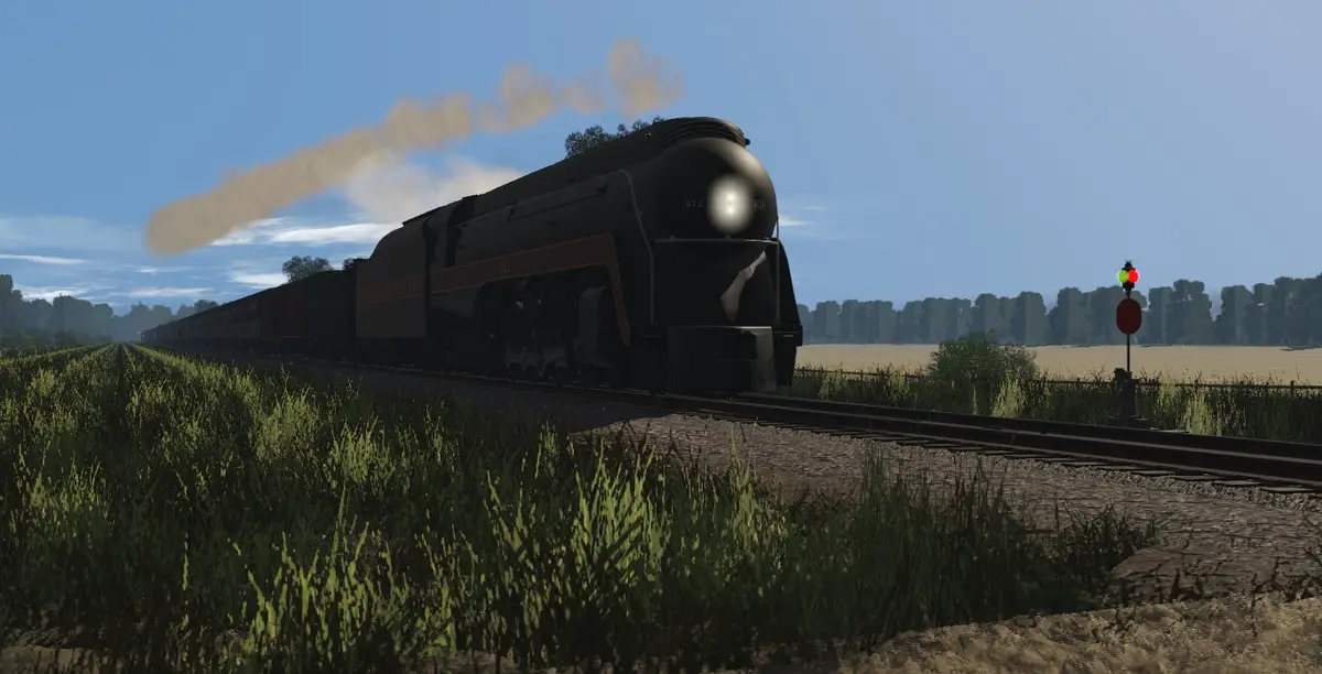 A steam locomotive with the number 611 on its front is shown moving along tracks through a grassy field under a blue sky…