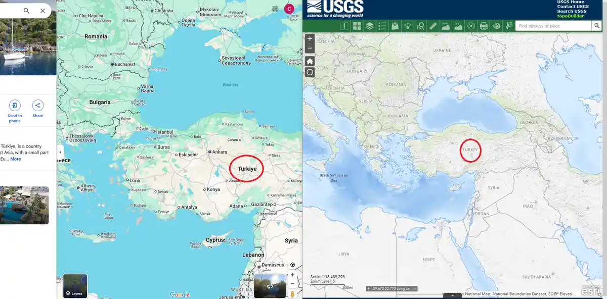The image displays two maps side-by-side: the left shows Turkey labeled 'Türkiye' in a red circle on a Google Maps…