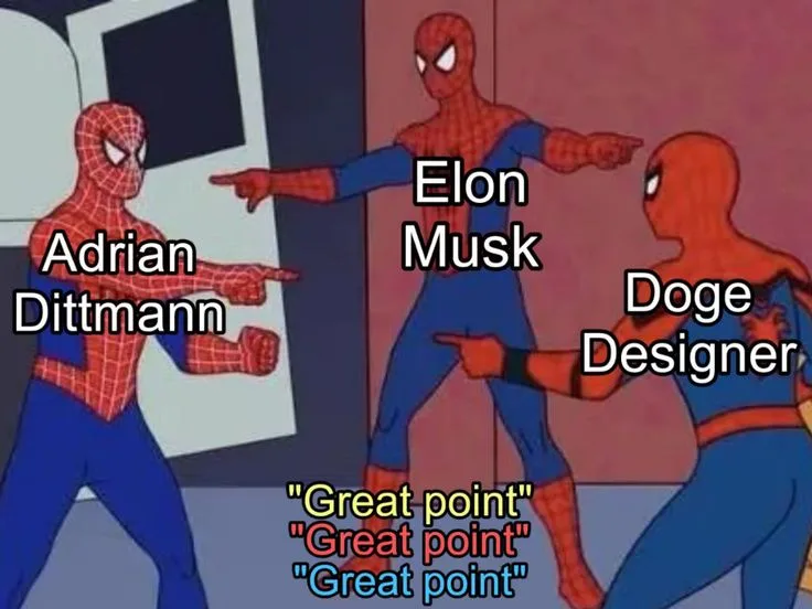 Three Spider-Man characters point at each other. The left one is labeled 'Adrian Dittmann', the center one 'Elon Musk', and…