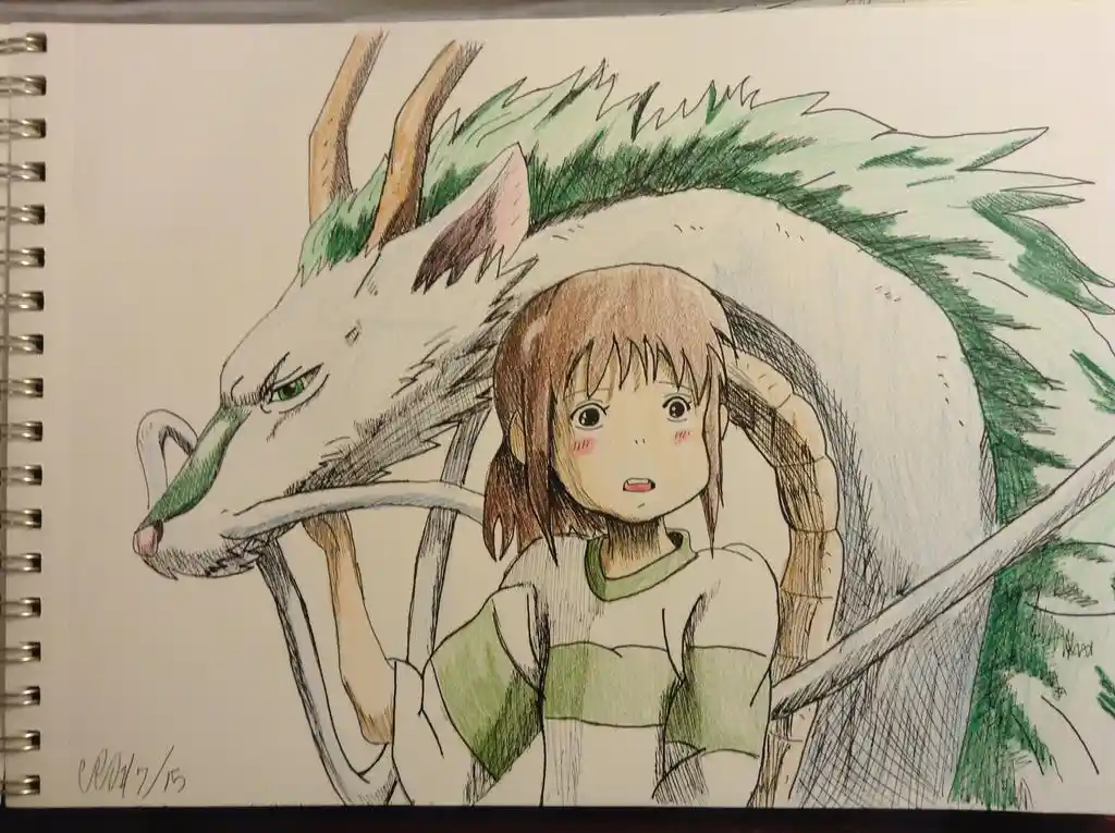 A hand-drawn colored pencil illustration on spiral-bound notebook paper shows a young girl with brown hair and a…
