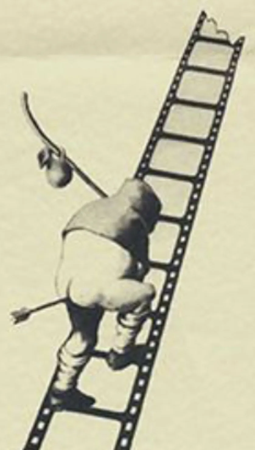 a black and white illustration shows a muscular, shirtless man climbing a ladder made of film strips. He is holding a bow…
