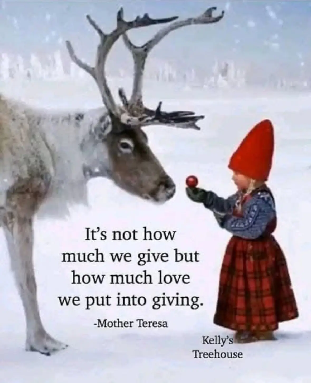 A young child in a red hat and plaid dress offers a small red apple to a large reindeer in a snowy landscape. The image has…