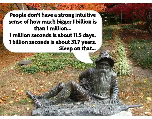 A bronze statue of a bearded man in a hat, reclining on a log in an autumnal park setting with red and orange leaves. A…