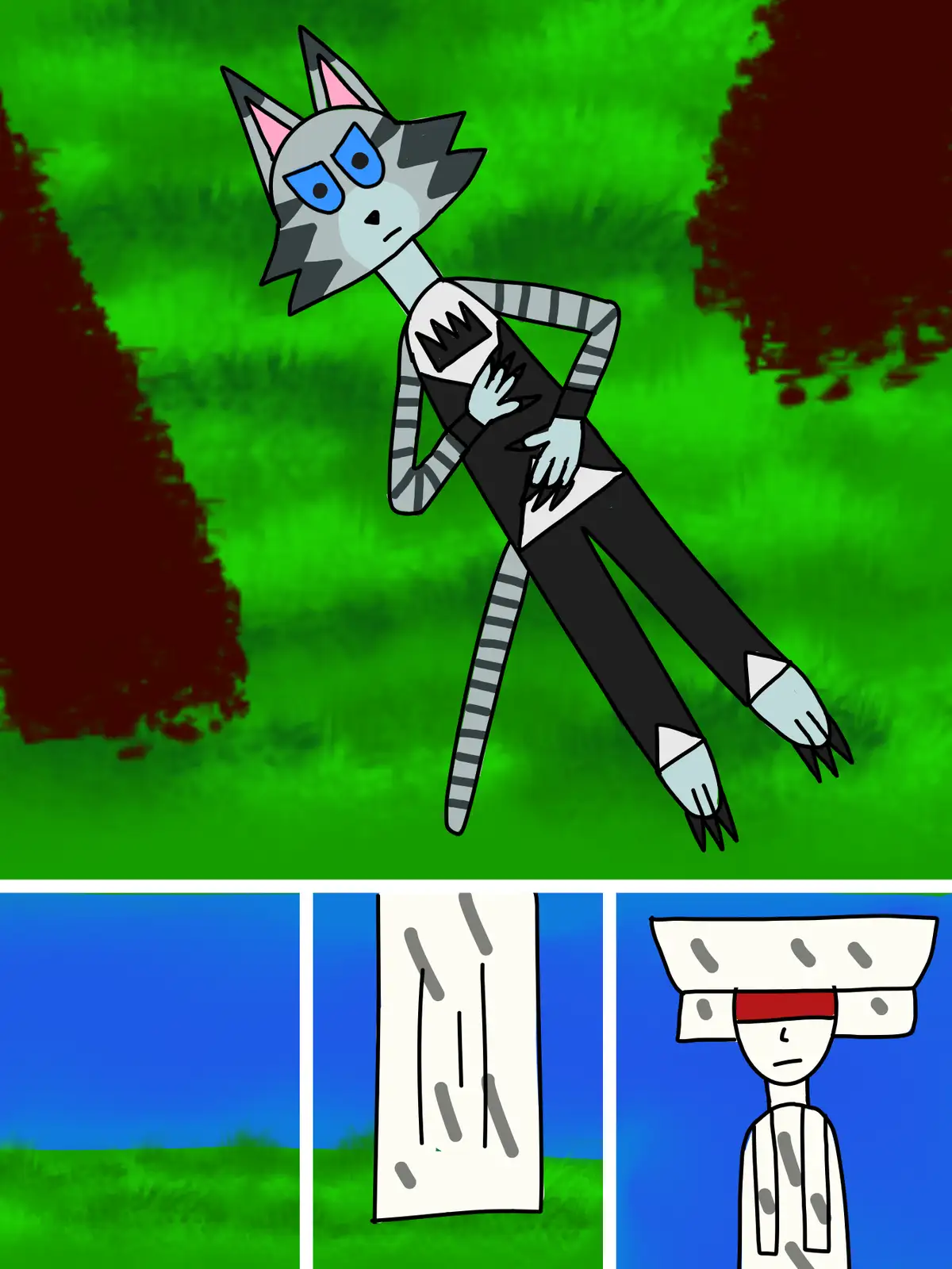 A gray and black striped anthropomorphic cat with blue eyes and a crown emblem on its chest stands in a green field with…