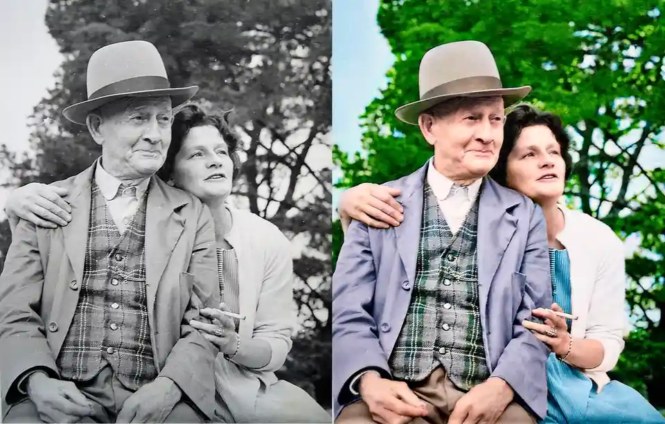 A side-by-side comparison of an old black-and-white photo of an elderly couple, with the left panel showing the original…