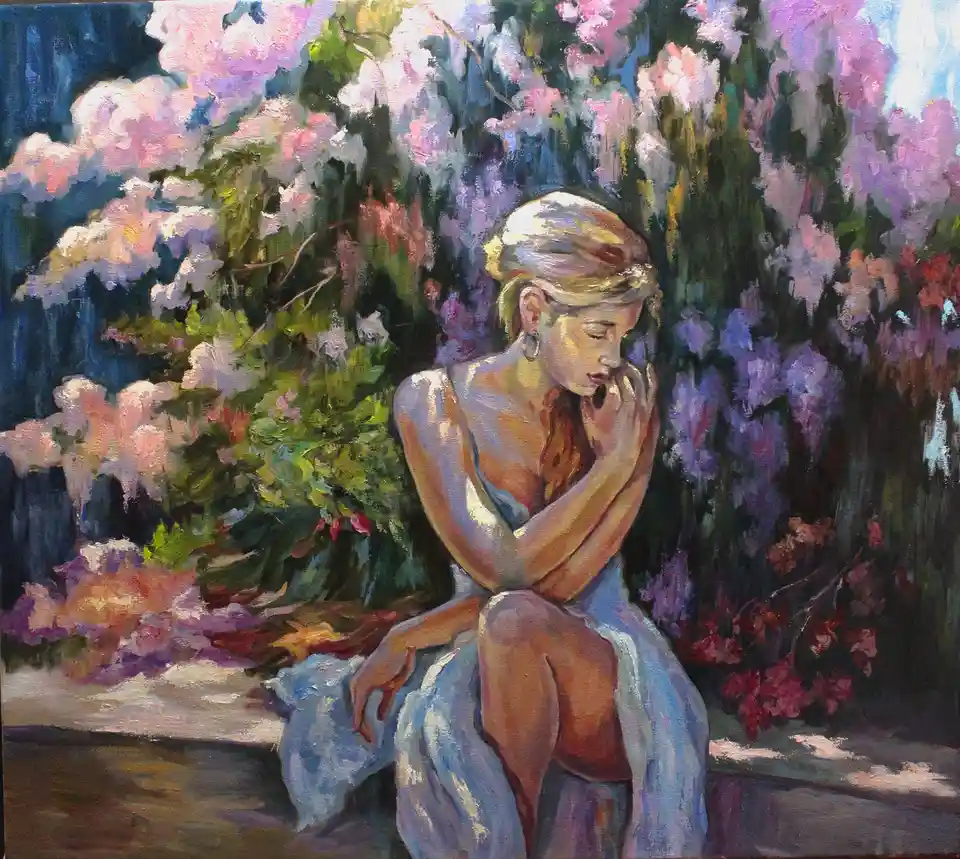An oil painting depicts a woman in a light blue dress sitting on a stone ledge, surrounded by lush pink and purple flowering…