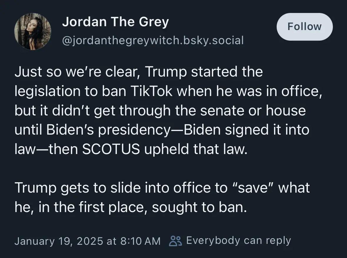 A screenshot of a Bluesky social media post by 'Jordan The Grey' with white text on a dark background. The post explains…