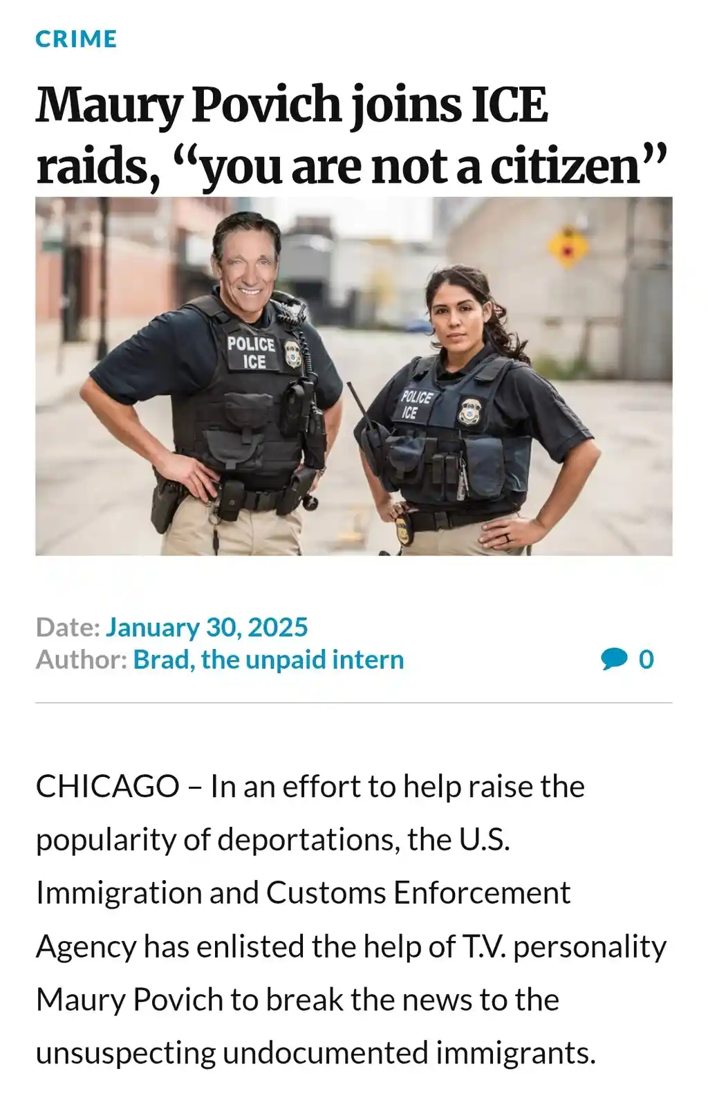 A fake news article screenshot shows a headline about TV personality Maury Povich joining ICE raids, with a photo of him and…