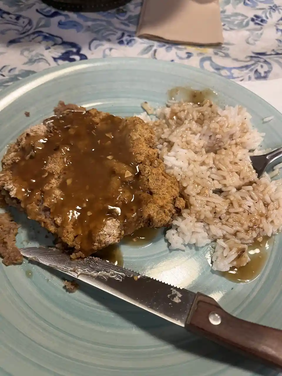 A close-up photo shows a plate of food with a breaded, fried cutlet covered in brown gravy next to a serving of rice, both…