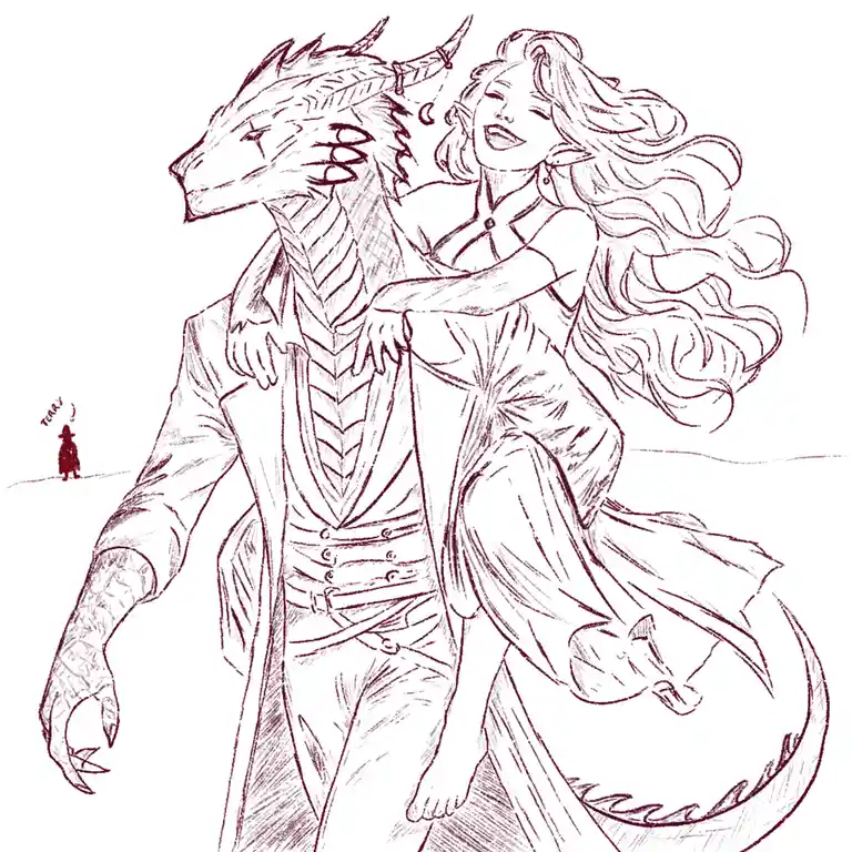 A line drawing shows a dragon in a suit walking with a woman in a dress clinging to its back, while a tiny figure in the…