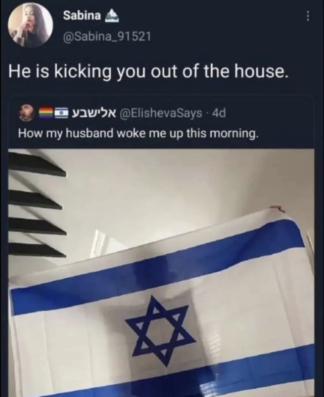 A screenshot of a social media thread shows a user named Sabina posting 'He is kicking you out of the house.' Below it, a…