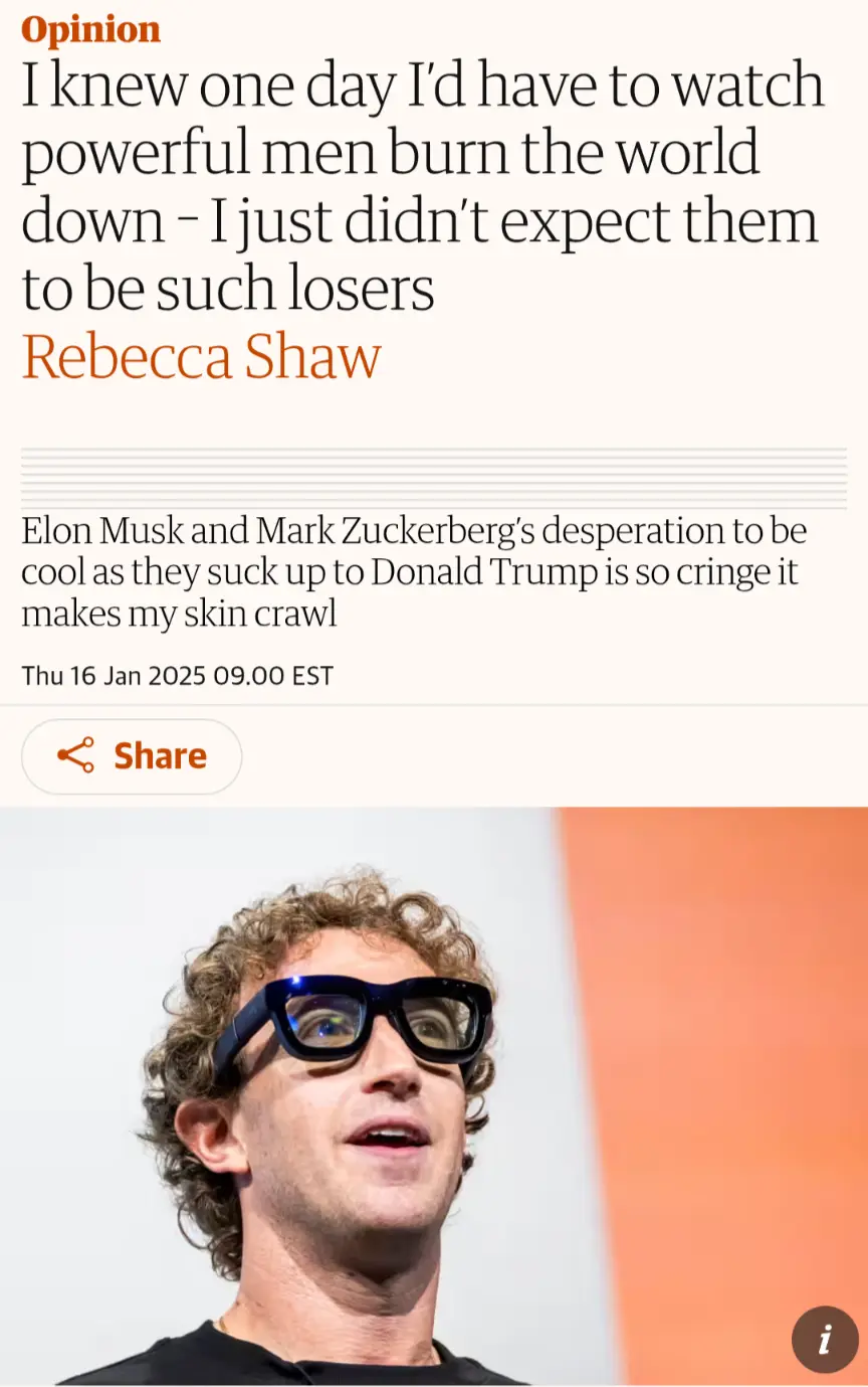 A screenshot of a news opinion article by Rebecca Shaw, dated Thu 16 Jan 2025, features a photo of Mark Zuckerberg wearing…