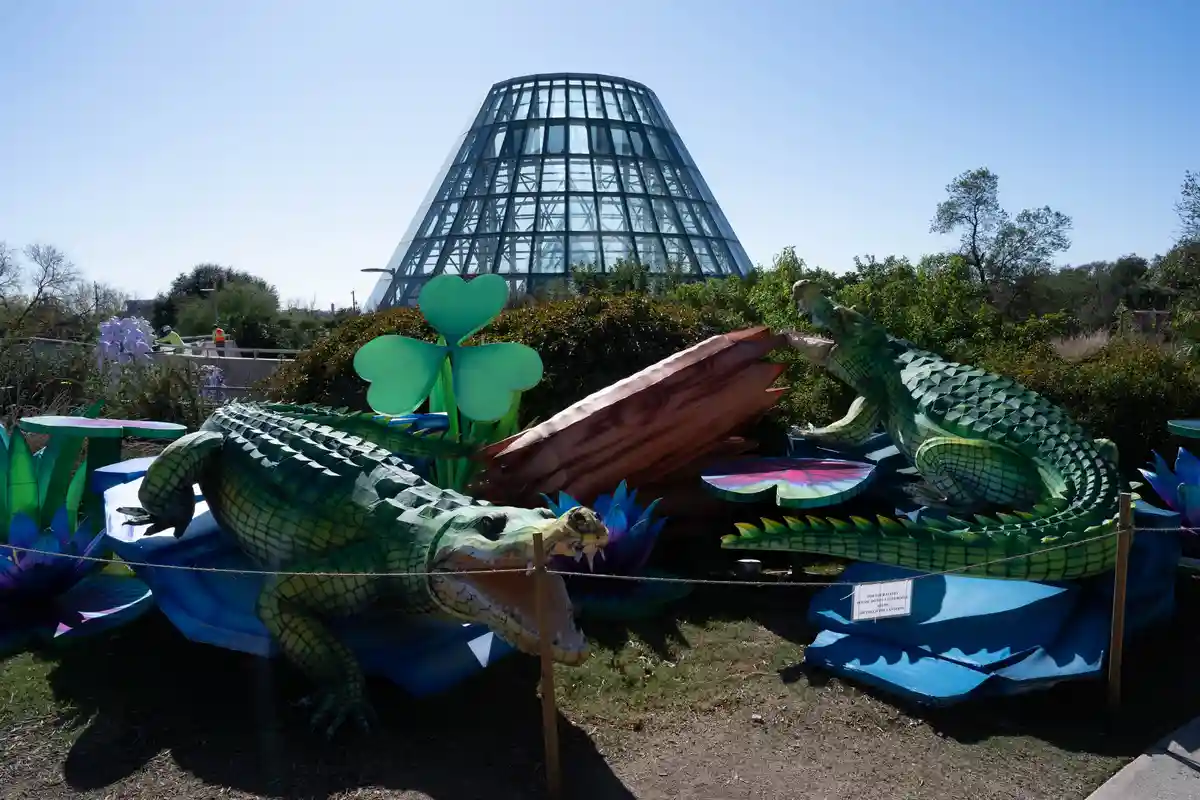 Two large, colorful, cartoonish alligator sculptures face each other amidst oversized, vibrant lotus-like flowers and a…