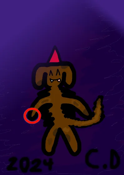 A crudely drawn brown cartoon dog with a red party hat and a red circle highlighting its belly button, set against a dark…