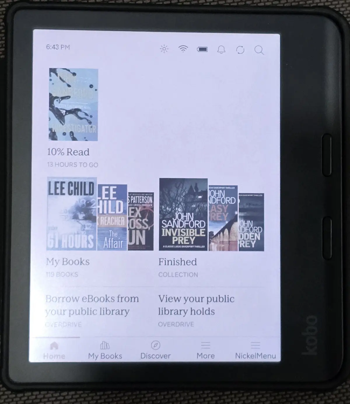 An e-reader screen shows a book at 10% read with 13 hours remaining, alongside a 'My Books' section with 119 books and a…