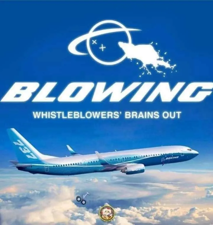 A Boeing 737 airplane flies through a blue sky with clouds below. Above the plane, large white text reads 'BLOWING…