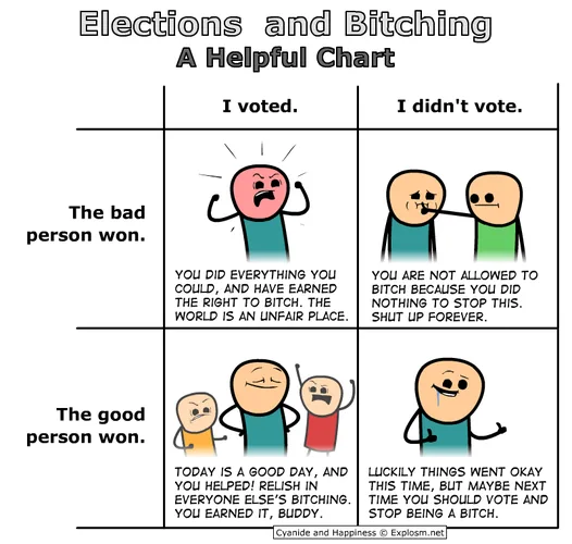 A four-panel comic chart titled 'Elections and Bitching A Helpful Chart' shows how people react to election outcomes based…