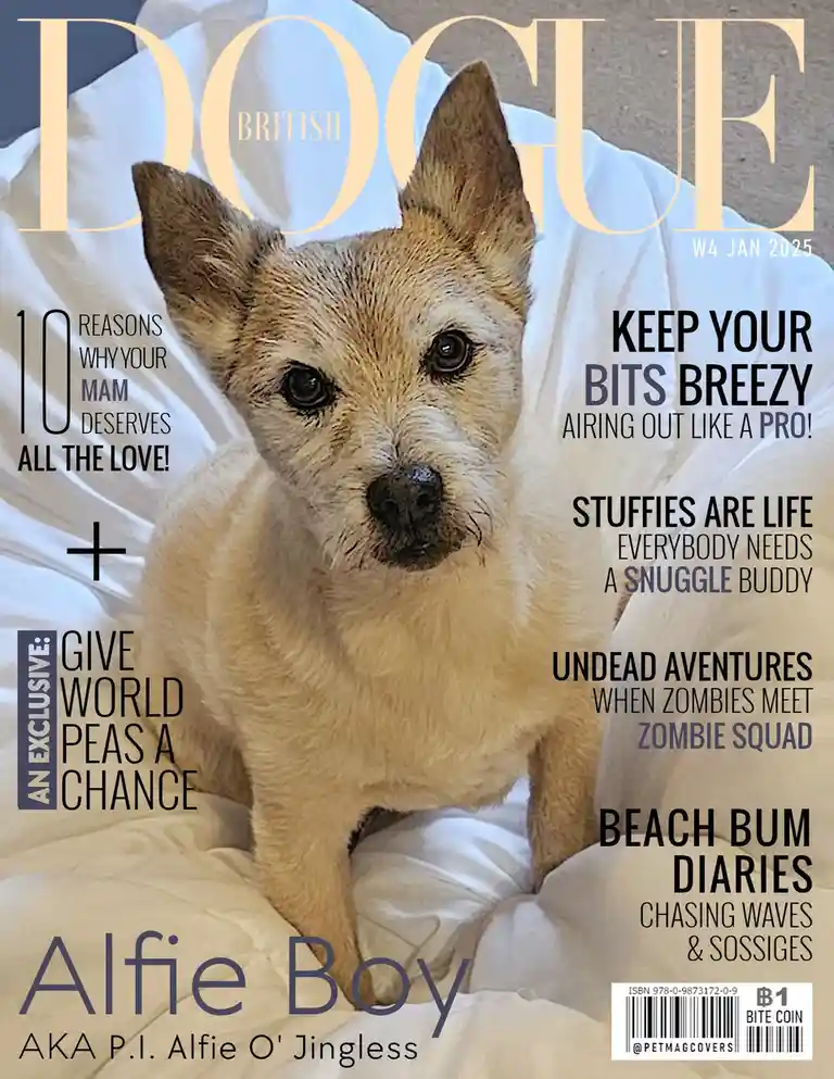 A dog with light brown fur and alert ears sits on white bedding, overlaid with text mimicking a British Vogue magazine…