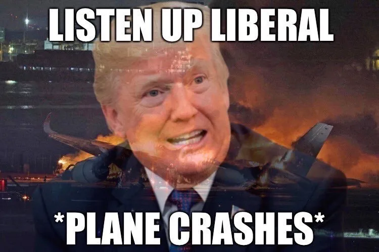 A composite image shows a close-up of Donald Trump's face superimposed over a background of a burning airplane crash. Large…