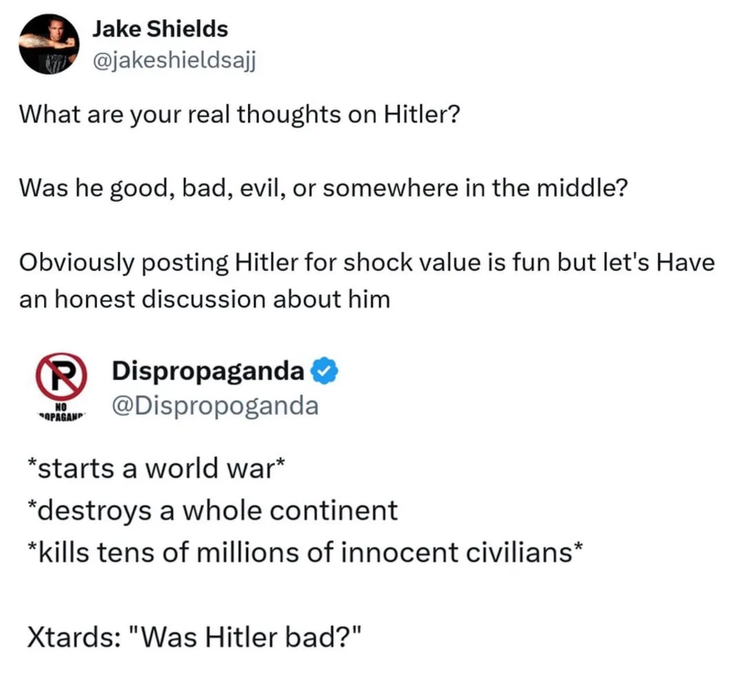 A screenshot of a Twitter thread where user Jake Shields asks for honest opinions on Hitler, prompting an account called…