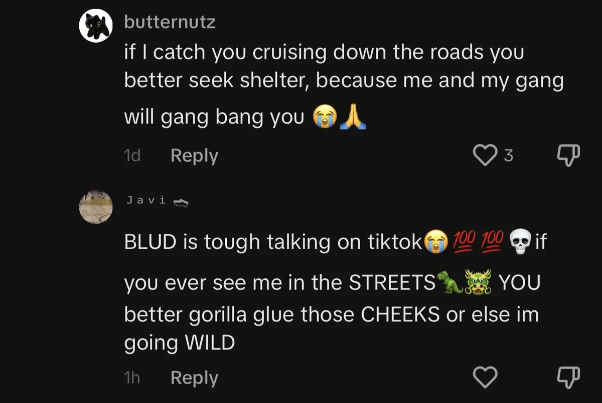 A screenshot of two TikTok comment replies showing exaggerated threats from users 'butternutz' and 'Javi'. The first user…
