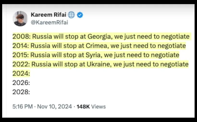 A screenshot of a tweet by Kareem Rifai showing a list of years with highlighted text predicting Russia's territorial…