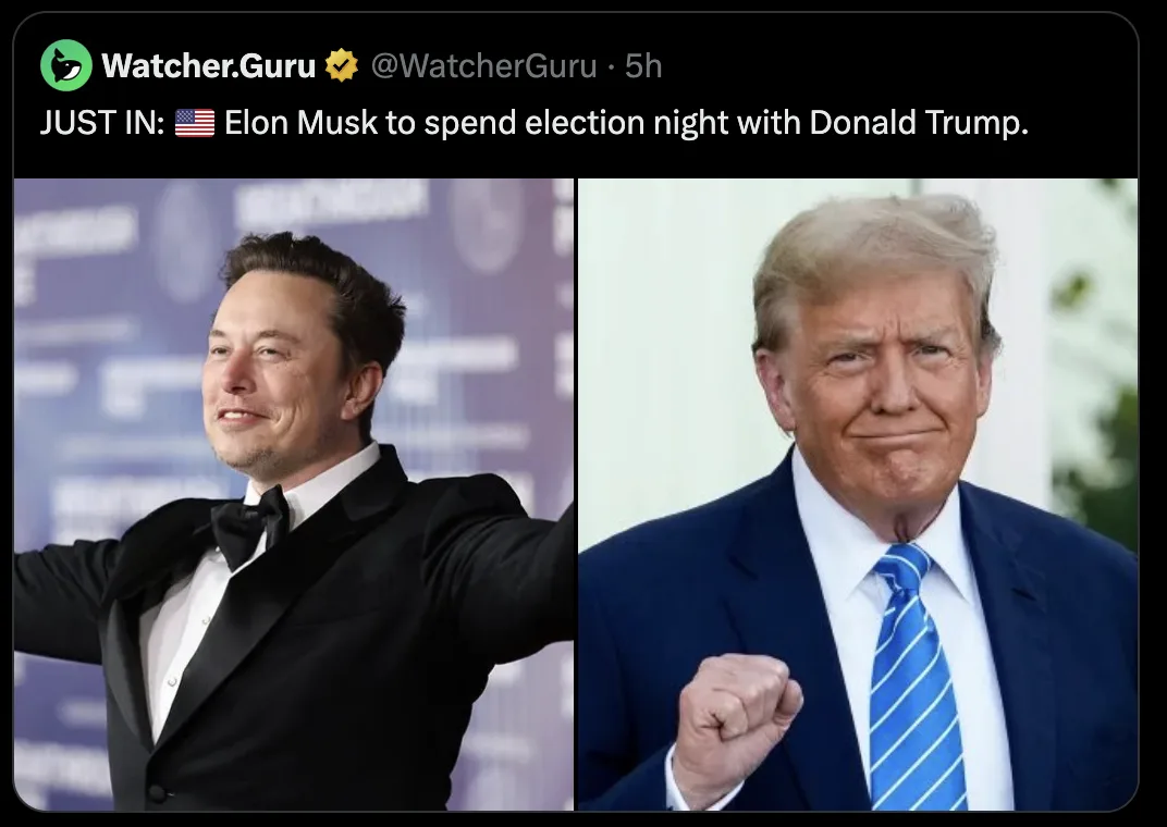 The image displays a side-by-side split screen. On the left, Elon Musk is shown in a black tuxedo with a bow tie, arms…