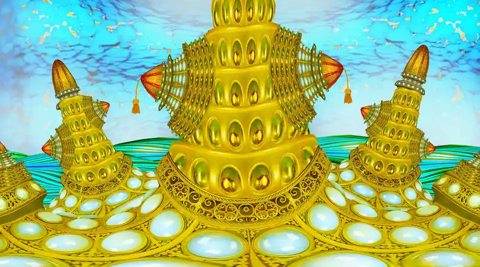 The image displays an ornate, golden, multi-tiered structure resembling a fantastical cake or throne with intricate…