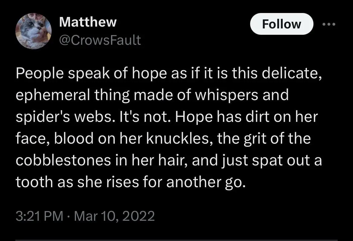 A screenshot of a tweet by user Matthew (@CrowsFault) with a black background and white text. The tweet reads: 'People speak…
