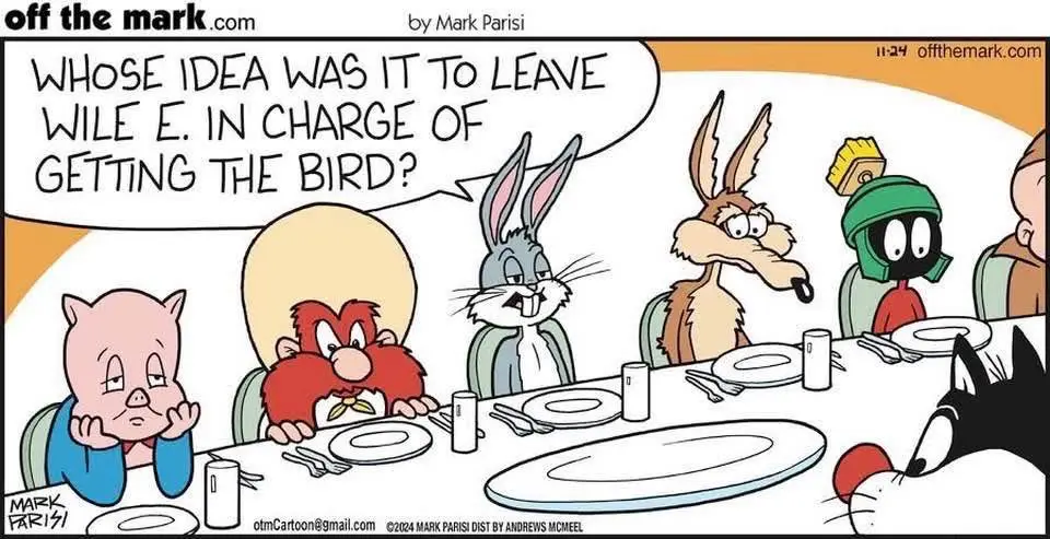 A cartoon panel shows several Looney Tunes characters seated at a dinner table. A speech bubble asks, 'WHOSE IDEA WAS IT TO…