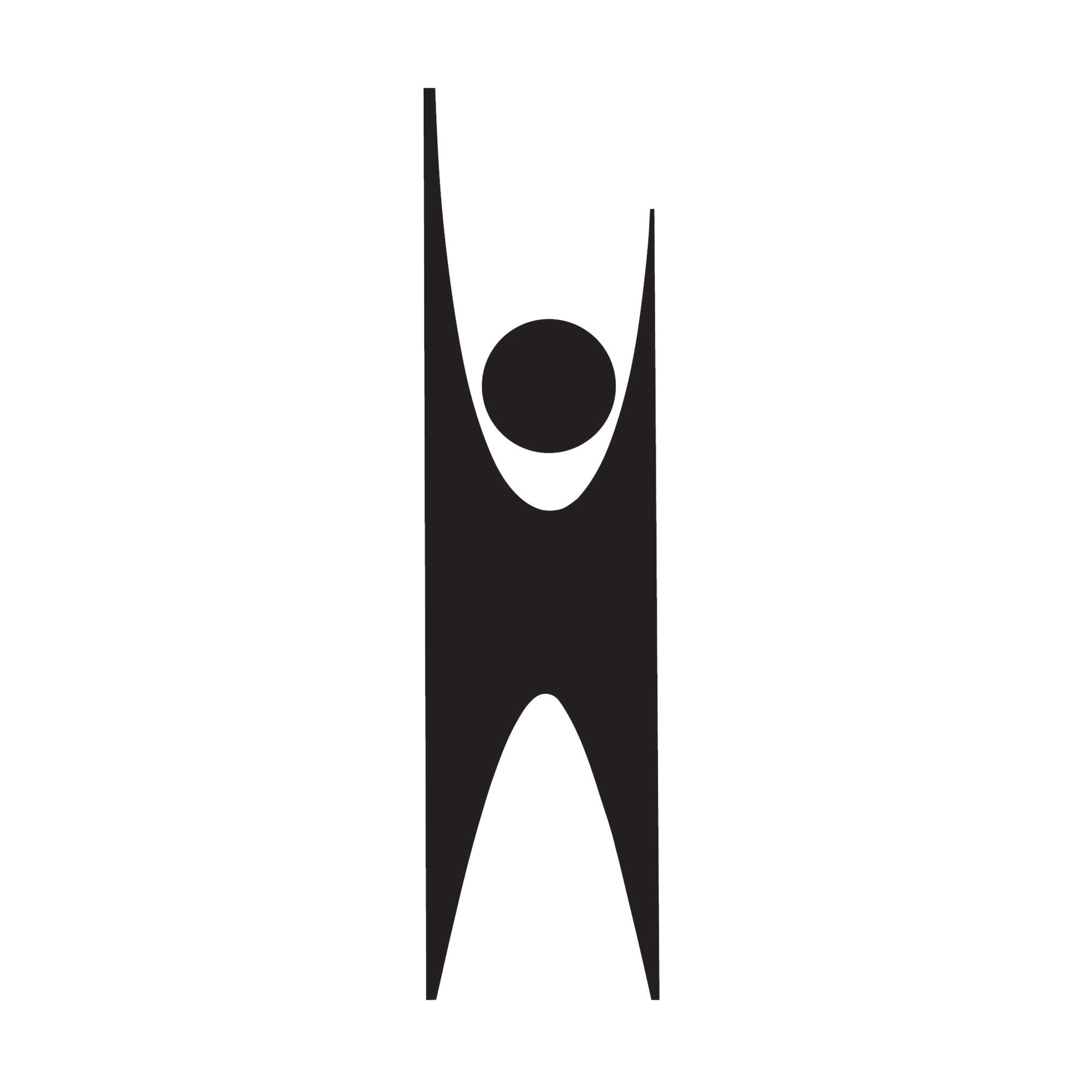 A minimalist black silhouette of a stylized human figure with arms raised upward and legs spread wide, set against a plain…